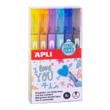 SET 6 MARKERE CU LINIE DUBLA CONTINUT ARGINTIU SI CONTUR DIVERSE CULORI APLI